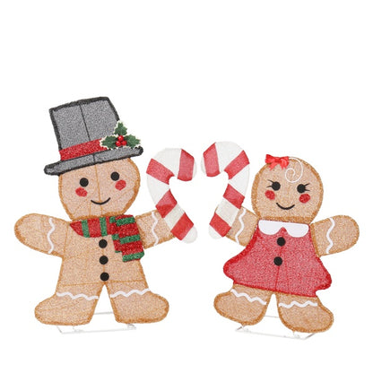 Set Of 2 Lighted Gingerbread Man And Candy Cane Christmas Decorations,