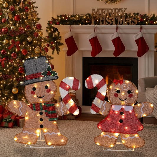 Set Of 2 Lighted Gingerbread Man And Candy Cane Christmas Decorations,