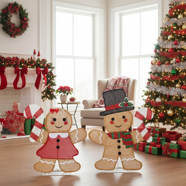 Set Of 2 Lighted Gingerbread Man And Candy Cane Christmas Decorations,