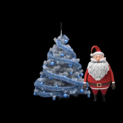Animated Santa Claus next to a blue Christmas tree on a black background