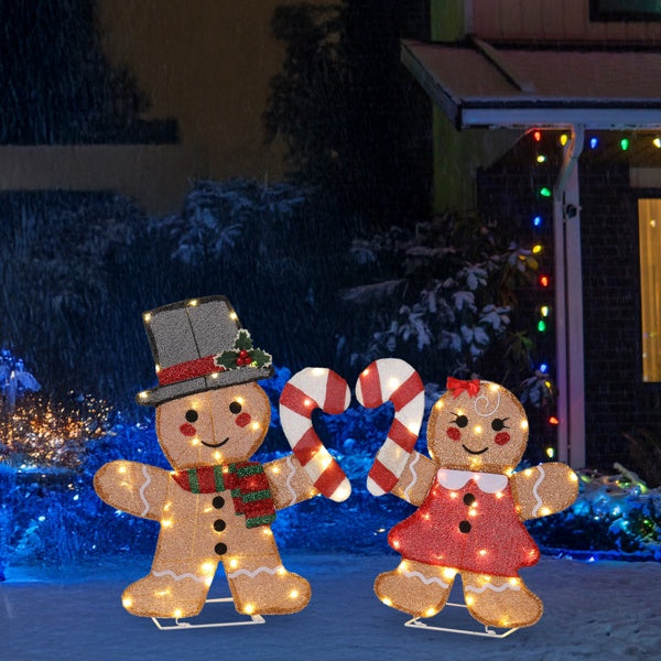 Set Of 2 Lighted Gingerbread Man And Candy Cane Christmas Decorations,