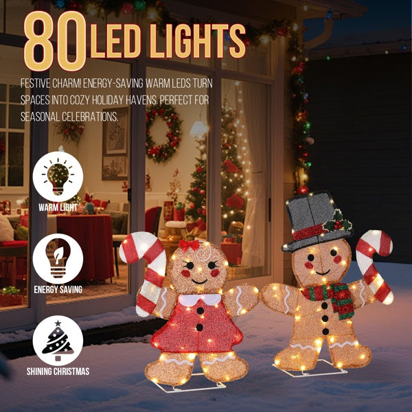 Set Of 2 Lighted Gingerbread Man And Candy Cane Christmas Decorations,