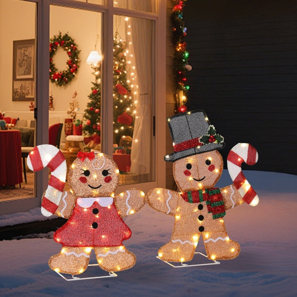 Set Of 2 Lighted Gingerbread Man And Candy Cane Christmas Decorations,