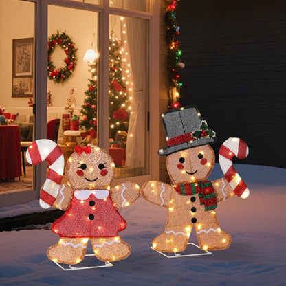 Set Of 2 Lighted Gingerbread Man And Candy Cane Christmas Decorations,