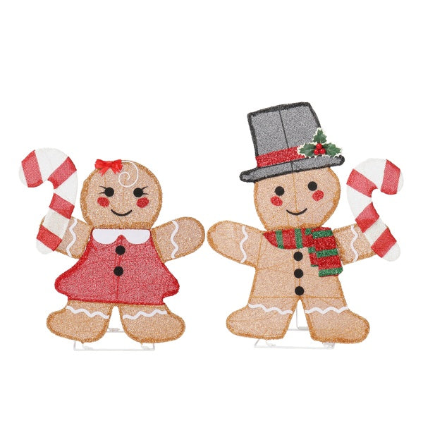 Set Of 2 Lighted Gingerbread Man And Candy Cane Christmas Decorations,